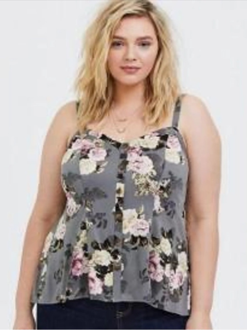 Torrid Size 00/10 Floral Challis Gray Pink Babydoll Tank Cottagecore Boho